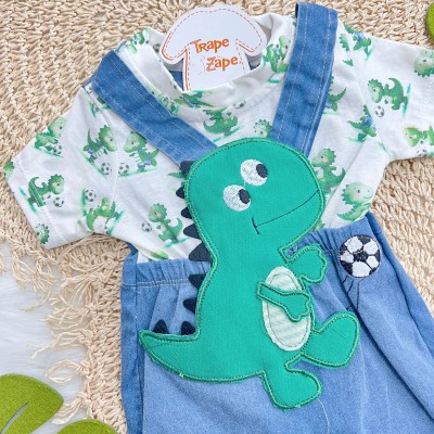 Macacão Curto Dino Futebol - Azul Jeans e Verde